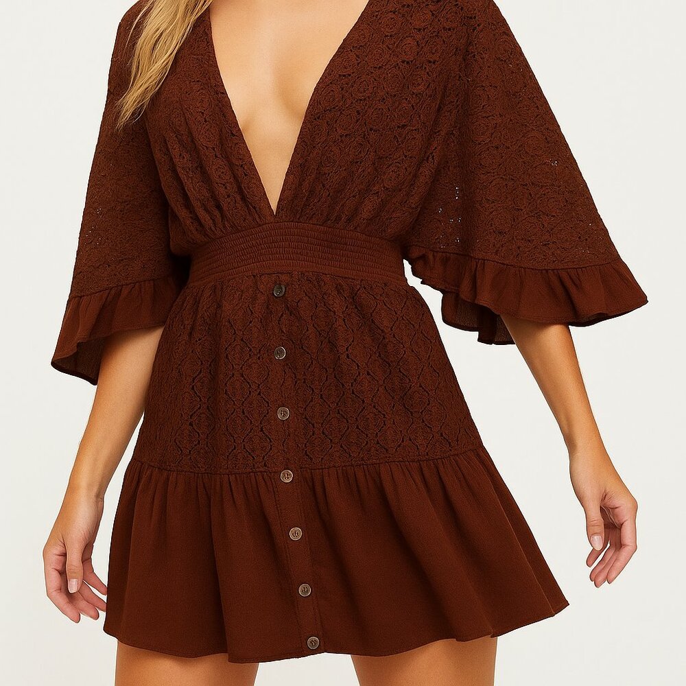 Red Free People Shyanne Romper Lace Flutter Gauze Bell Sleeve Fall SUMMER Boho